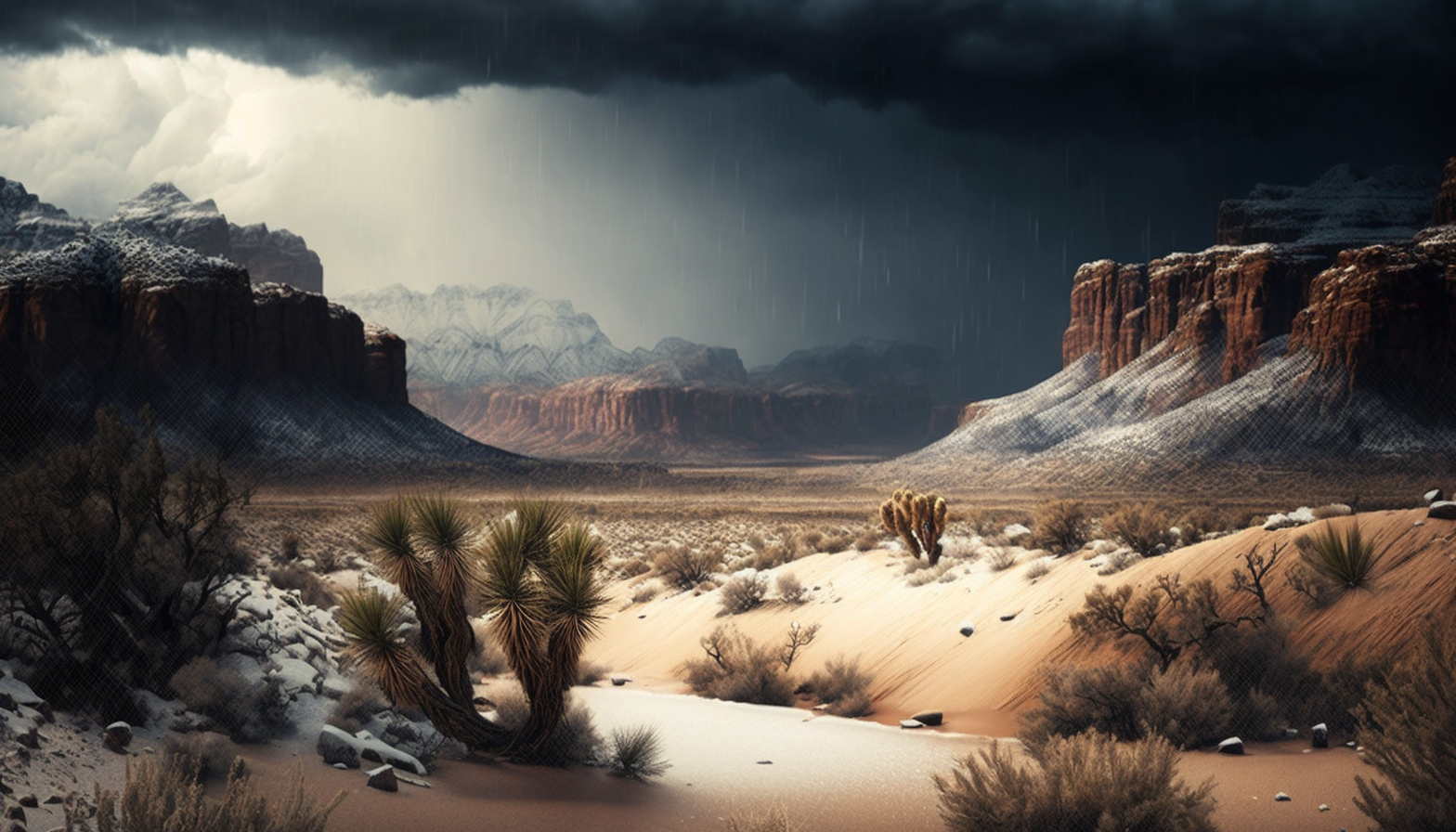 A snowstorm raging over a desert canyon