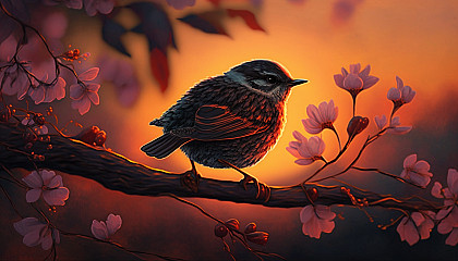 A digital art of a bird perched on a blooming dogwood branch with the background of a beautiful sunset.