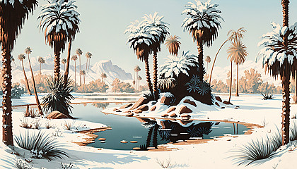 An oasis with palm trees covered in snow