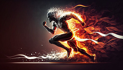 A sprinter racing down a track with a glowing aura of light surrounding them and a trail of flames behind them.