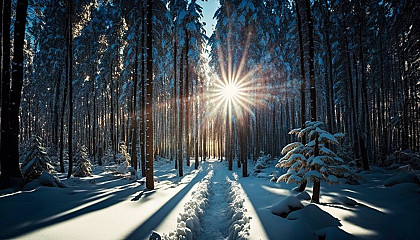 A snow-covered forest with a clear blue sky and sunlight peeking through the trees.