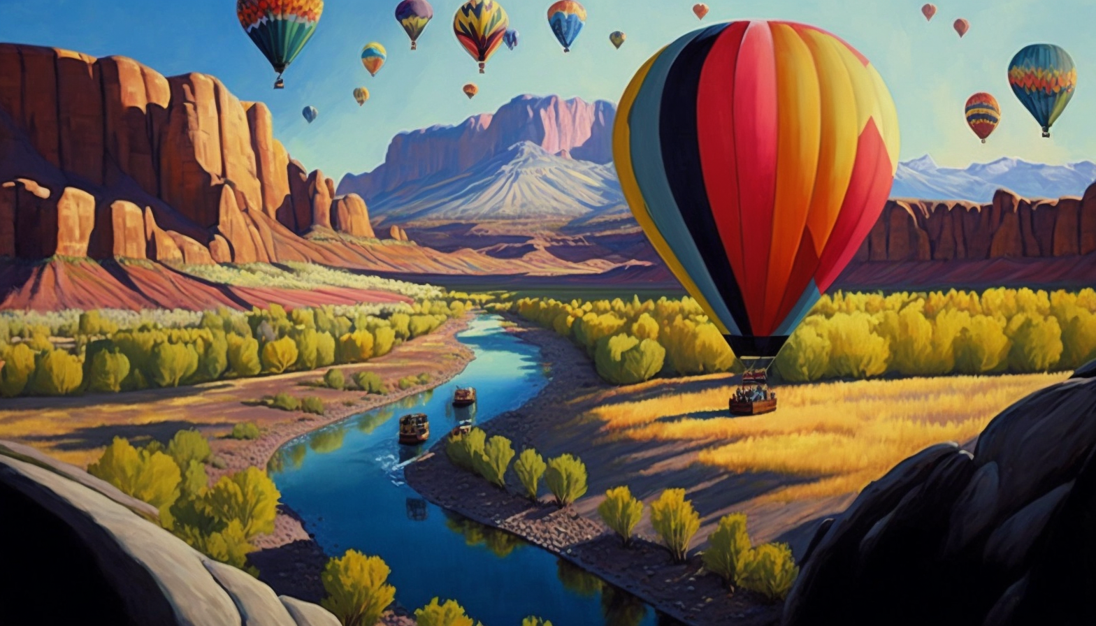 An oil painting of a hot air balloon festival over a scenic landscape.