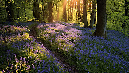 A carpet of bluebells in a sun-dappled forest.