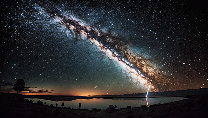 A breathtaking view of the Milky Way galaxy, with a shooting star streaking across the sky.