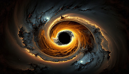 An artistic depiction of a black hole, with glowing gas and dust spiraling towards the center.
