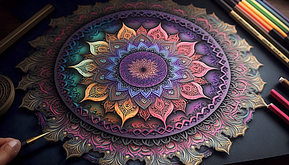 An intricate mandala drawing in a rainbow of hues
