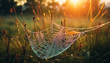 A blanket of morning dew covering a spider web in the grass.