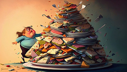 An image that plays with the idea of excess or overindulgence, such as a plate piled high with food or a cartoonish character with an oversized belly.