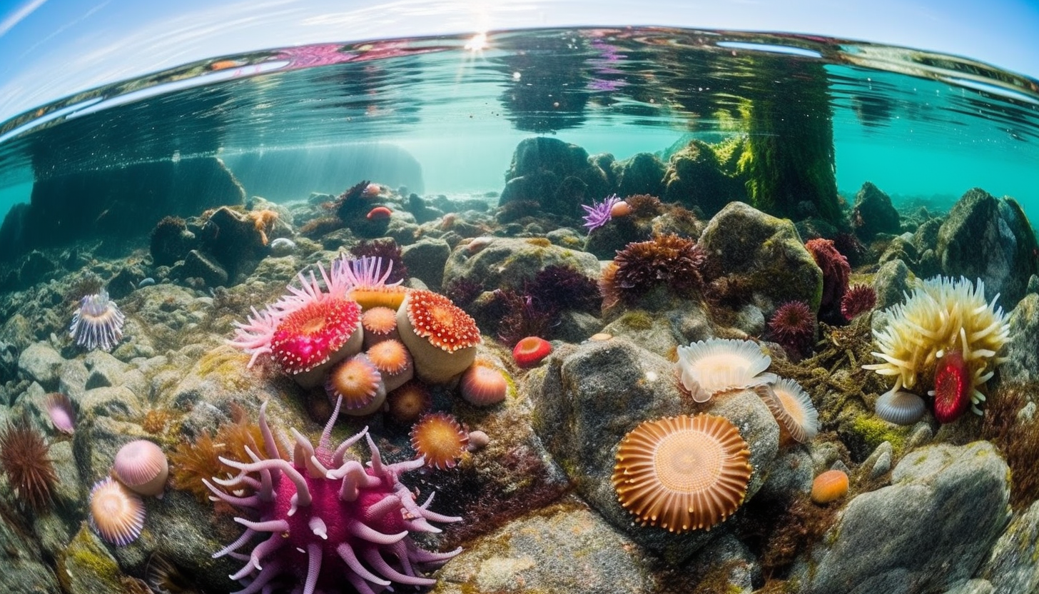 Colorful sea anemones and starfish in a tide pool.