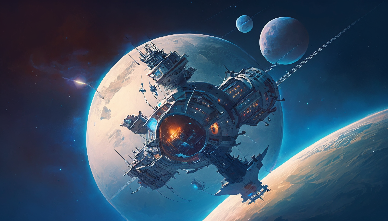An artistic rendering of a space station orbiting a planet with a glowing, blue atmosphere.