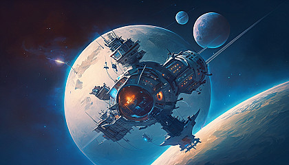 An artistic rendering of a space station orbiting a planet with a glowing, blue atmosphere.