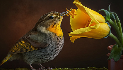 A photograph of a bird drinking nectar from a bright yellow daffodil flower.