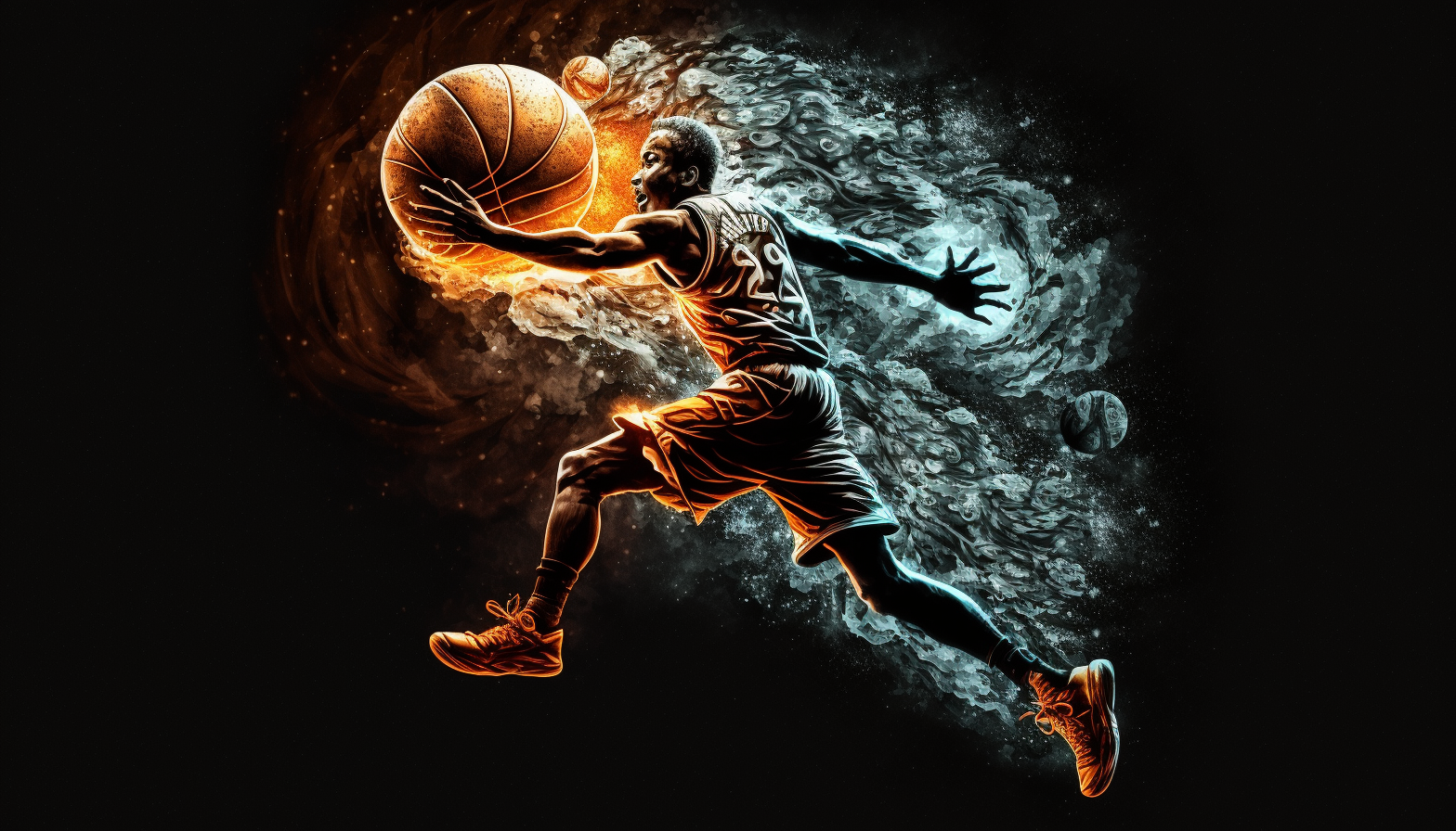 A basketball player performing a high-flying slam dunk with a fiery orange ball and a trail of light behind them.