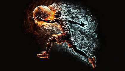 A basketball player performing a high-flying slam dunk with a fiery orange ball and a trail of light behind them.