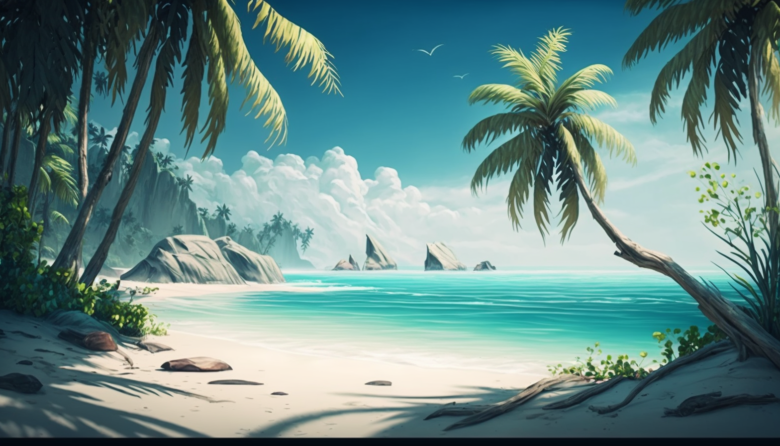 A peaceful beach scene with palm trees and a crystal-clear ocean.