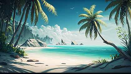 A peaceful beach scene with palm trees and a crystal-clear ocean.