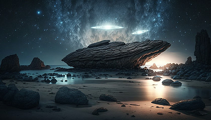 A surreal landscape of a rocky beach under a starry sky, with a UFO hovering in the distance.