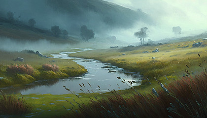 A misty morning in the hills, with rolling clouds and dew-covered grass.