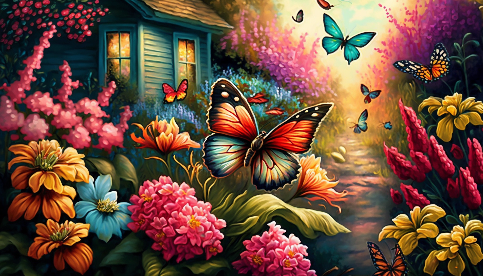 A vibrant garden with blooming flowers and butterflies