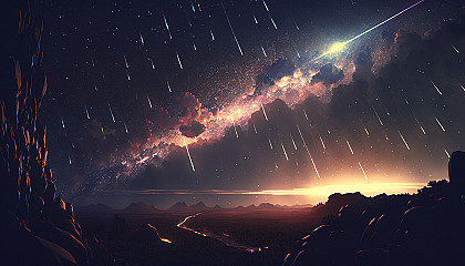 A photo of a meteor shower with streaks of light cutting through the darkness of space.