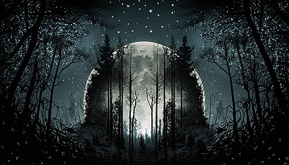 An ethereal image of a forest at night, with the moon and stars peeking through the treetops.