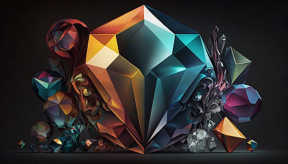 An abstract composition of colorful geometric shapes, arranged to resemble a brilliant diamond or other precious gemstone, set against a carbon-like backdrop.