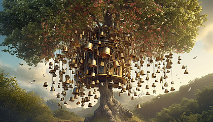 A tree covered in chimes and bells that create melodies as the wind blows.