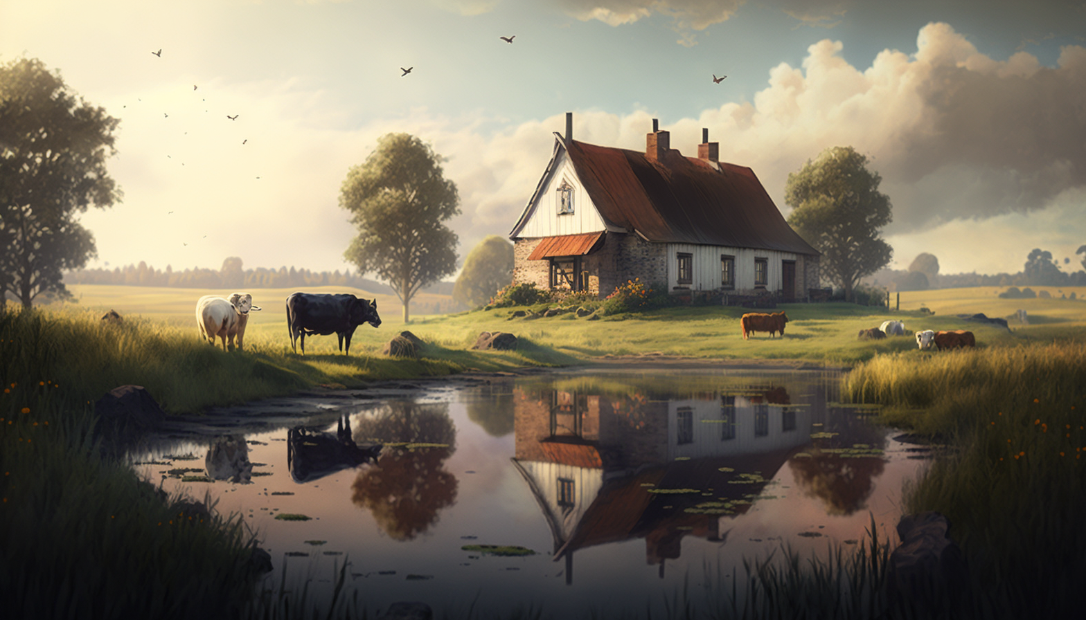 A tranquil countryside scene with a small farmhouse and a herd of cows in the distance.