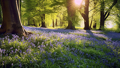 A carpet of bluebells in a shady woodland.