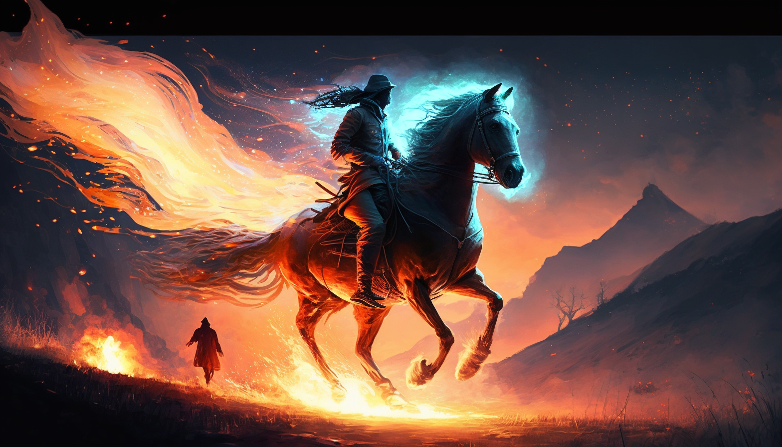 A horse and rider galloping through a field with the horse's mane and tail on fire and a trail of light behind them.