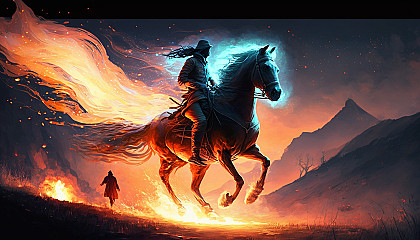 A horse and rider galloping through a field with the horse's mane and tail on fire and a trail of light behind them.