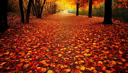 A cascade of autumn leaves falling from a tree, creating a carpet of color.