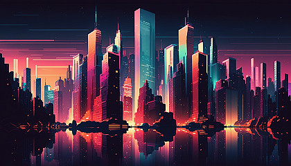 A digital art piece of a colorful cityscape at night