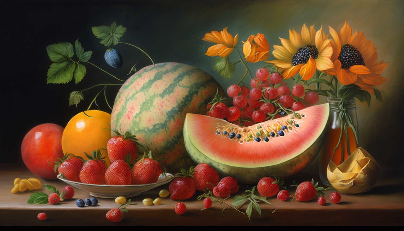 A still life painting of summer fruits like watermelon, mangoes, and strawberries.