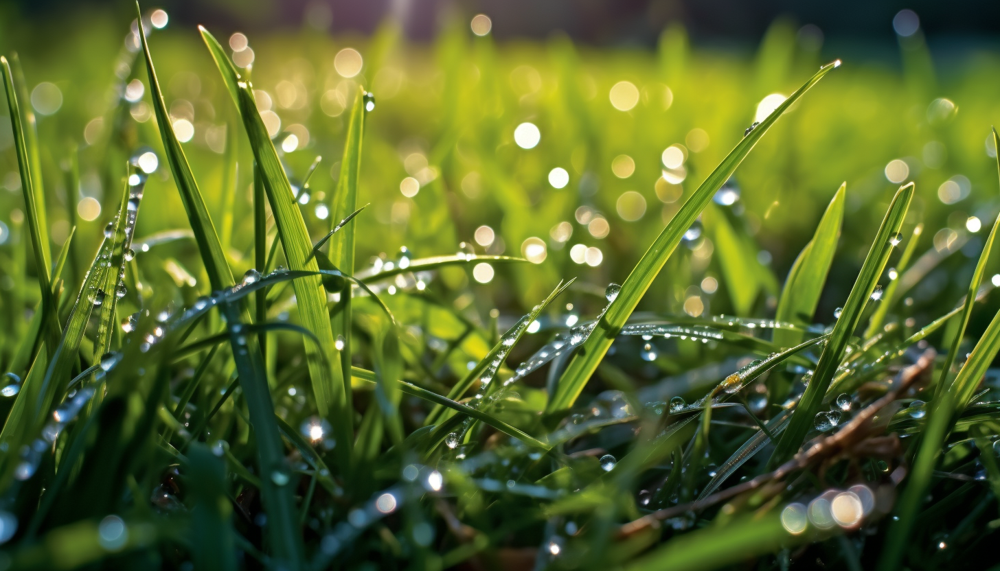 Dewdrops glittering on blades of grass in the morning light.