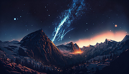 A stunning mountain vista with a meteor shower lighting up the sky.
