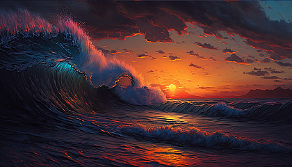 A vibrant sunset over the ocean waves.