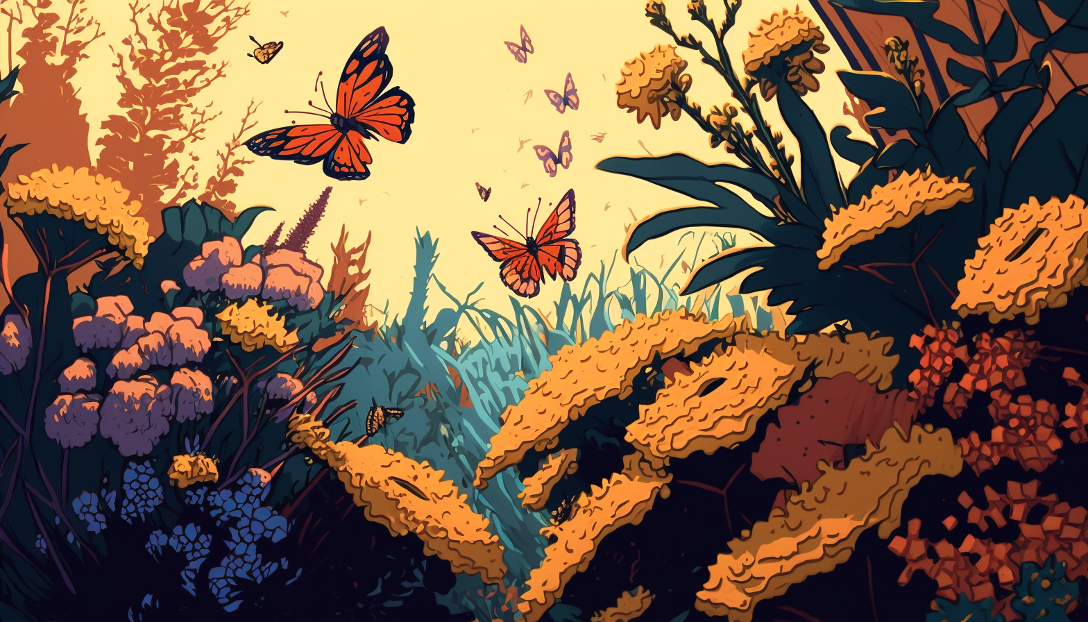 A depiction of a sunny, blooming garden with butterflies and bees.