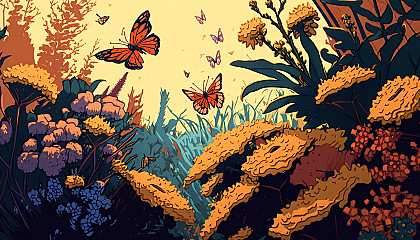 A depiction of a sunny, blooming garden with butterflies and bees.