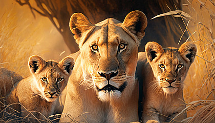 A lioness with her cubs in the savannah