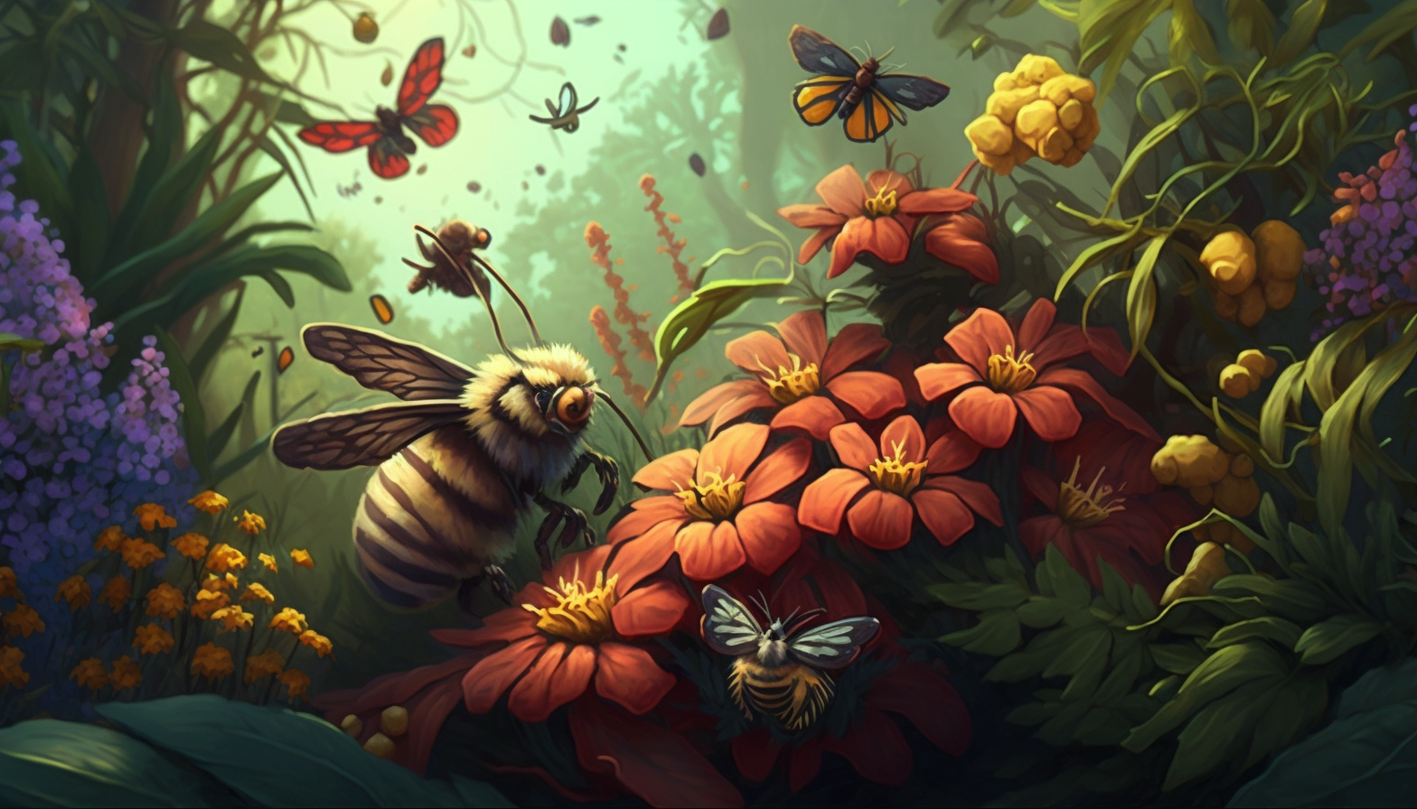 A depiction of a sunny, blooming garden with butterflies and bees.