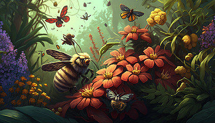 A depiction of a sunny, blooming garden with butterflies and bees.