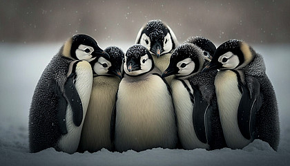 A group of penguins huddling together for warmth in the snow