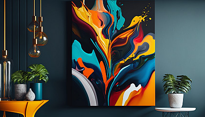 A vibrant abstract painting featuring bold, contrasting colors