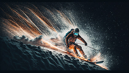 A skier carving down a mountain slope with sparks flying off their skis.