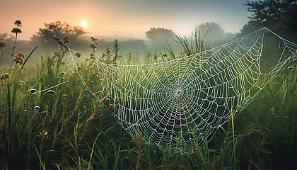 A blanket of morning dew covering a spider web in the grass.