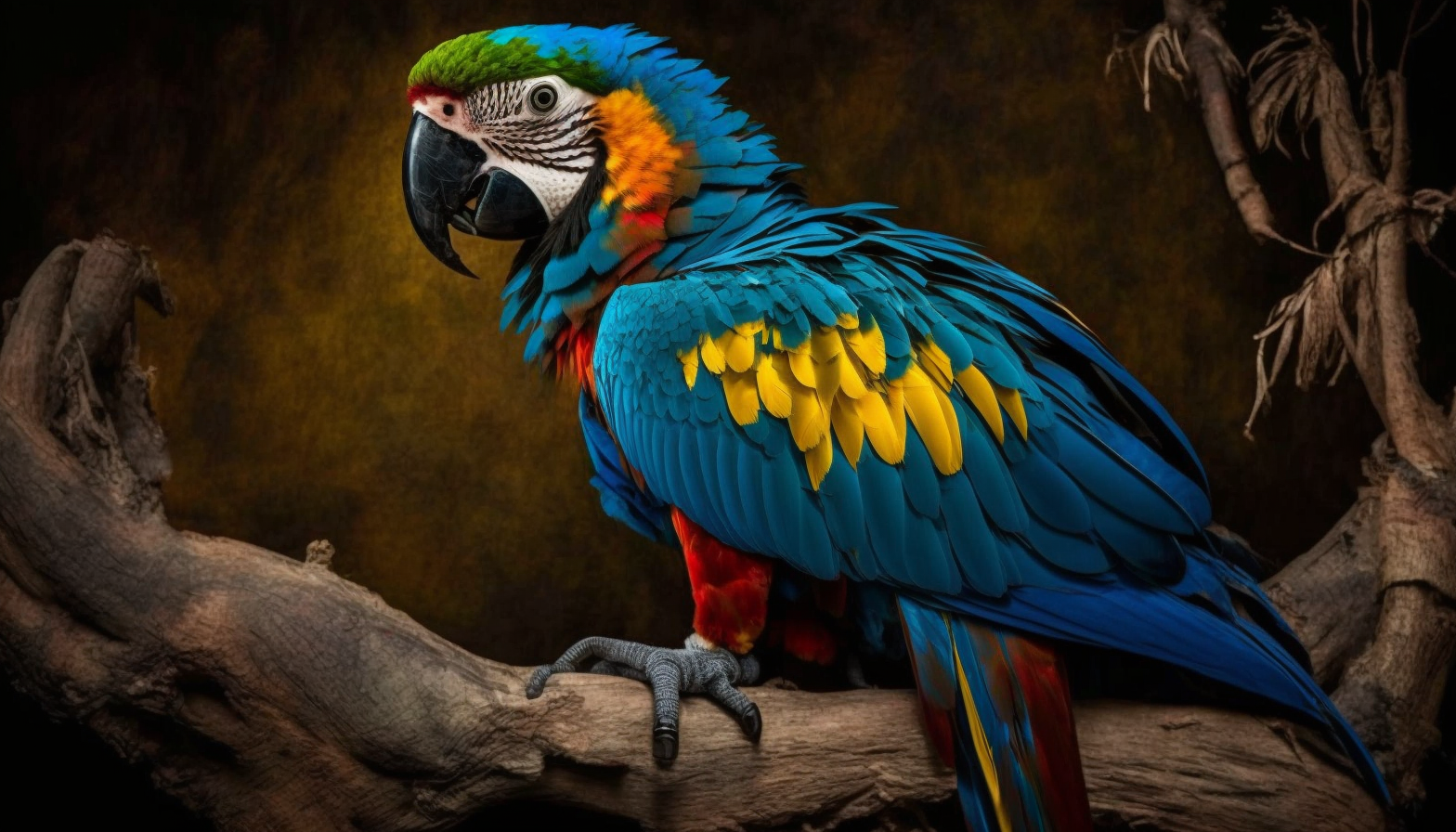 A colorful macaw perched on a tree branch