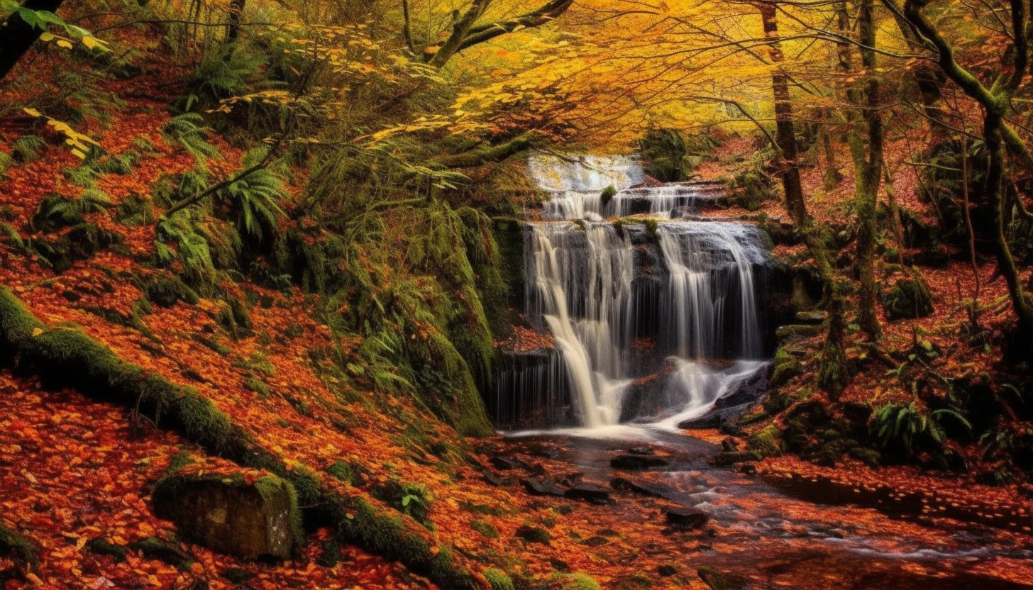 A cascade of colourful leaves tumbling from trees in autumn.