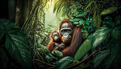 A mother orangutan with her baby in a lush rainforest