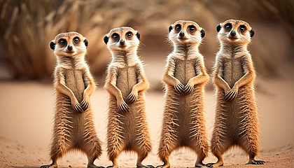 A family of meerkats standing on their hind legs